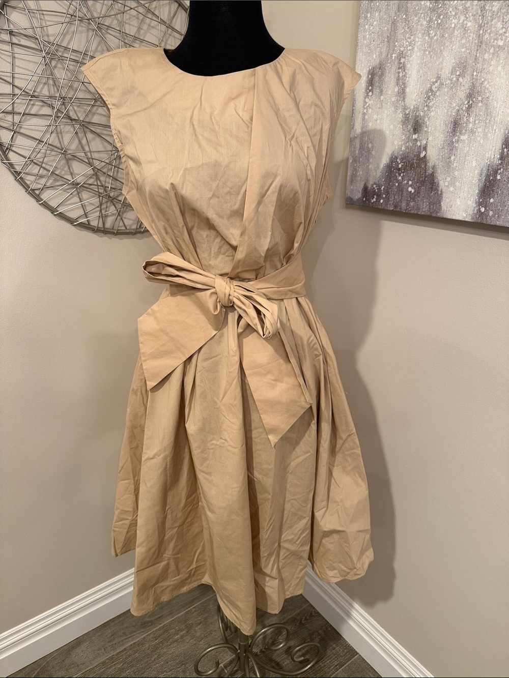 Woolrich Poplin Sleeveless Tie-Waist Midi Dress - Feather Beige size Large